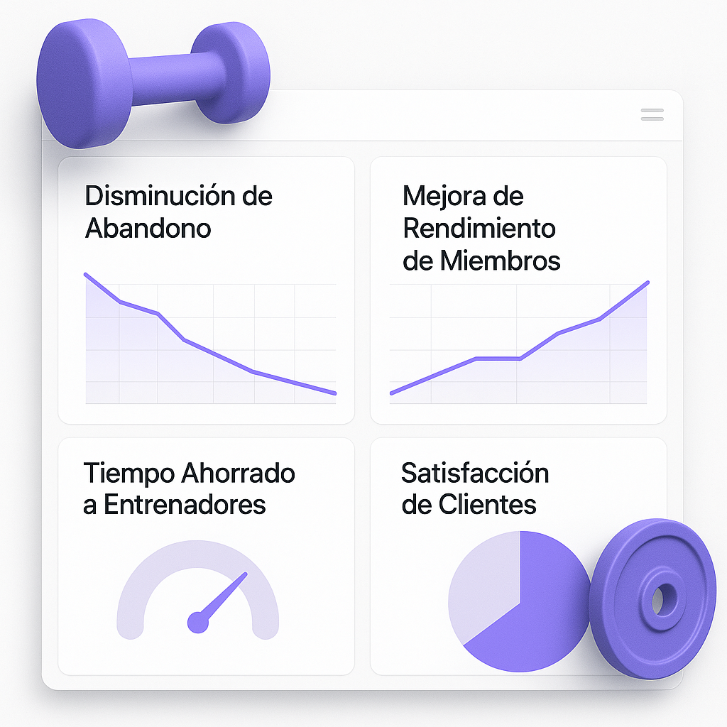 Dashboard de métricas de Virtus IA mostrando disminución de abandono, mejora de rendimiento, tiempo ahorrado y satisfacción de clientes